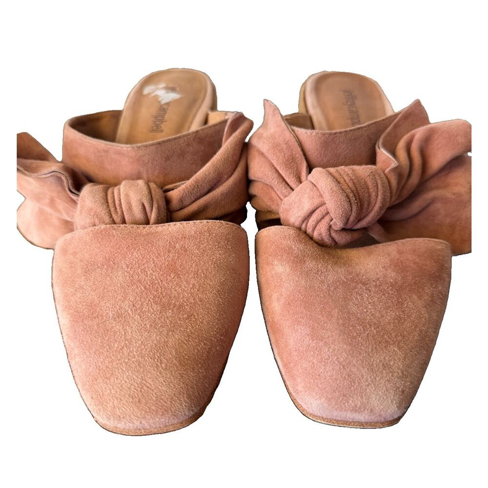 Jeffrey Campbell Cyrus Bow Mules Womens Size 7 Dusty Rose Pink Suede Block Heels